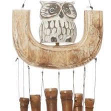 White Owl On A Swing Wind Chime | Wood And Bamboo | Hand Carved, Hand Painted | Eco-friendly