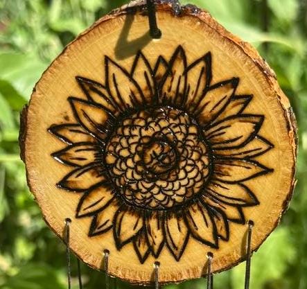 Rustic Handmade Wood Burned Wind Chime Sunflower Bamboo