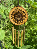 Rustic Handmade Wood Burned Wind Chime Sunflower Bamboo