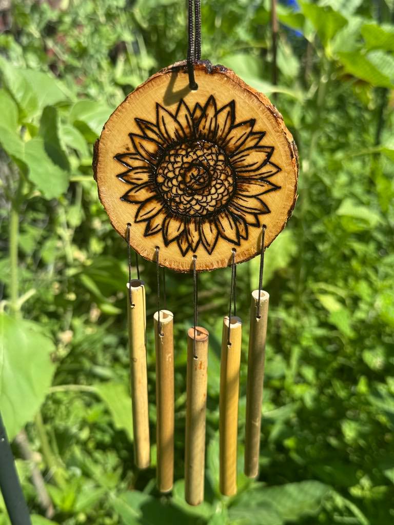 Rustic Handmade Wood Burned Wind Chime Sunflower Bamboo