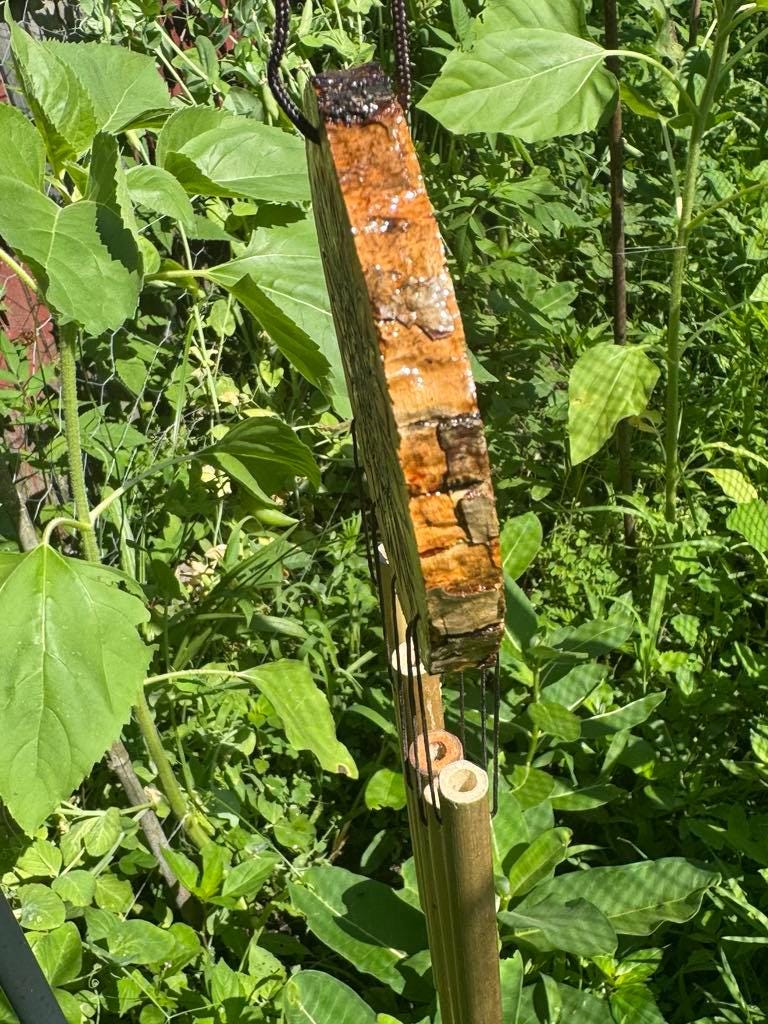 Rustic Handmade Wood Burned Wind Chime Sunflower Bamboo