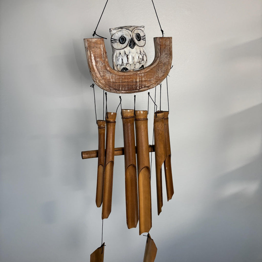 White Owl On A Swing Wind Chime | Wood And Bamboo | Hand Carved, Hand Painted | Eco-friendly