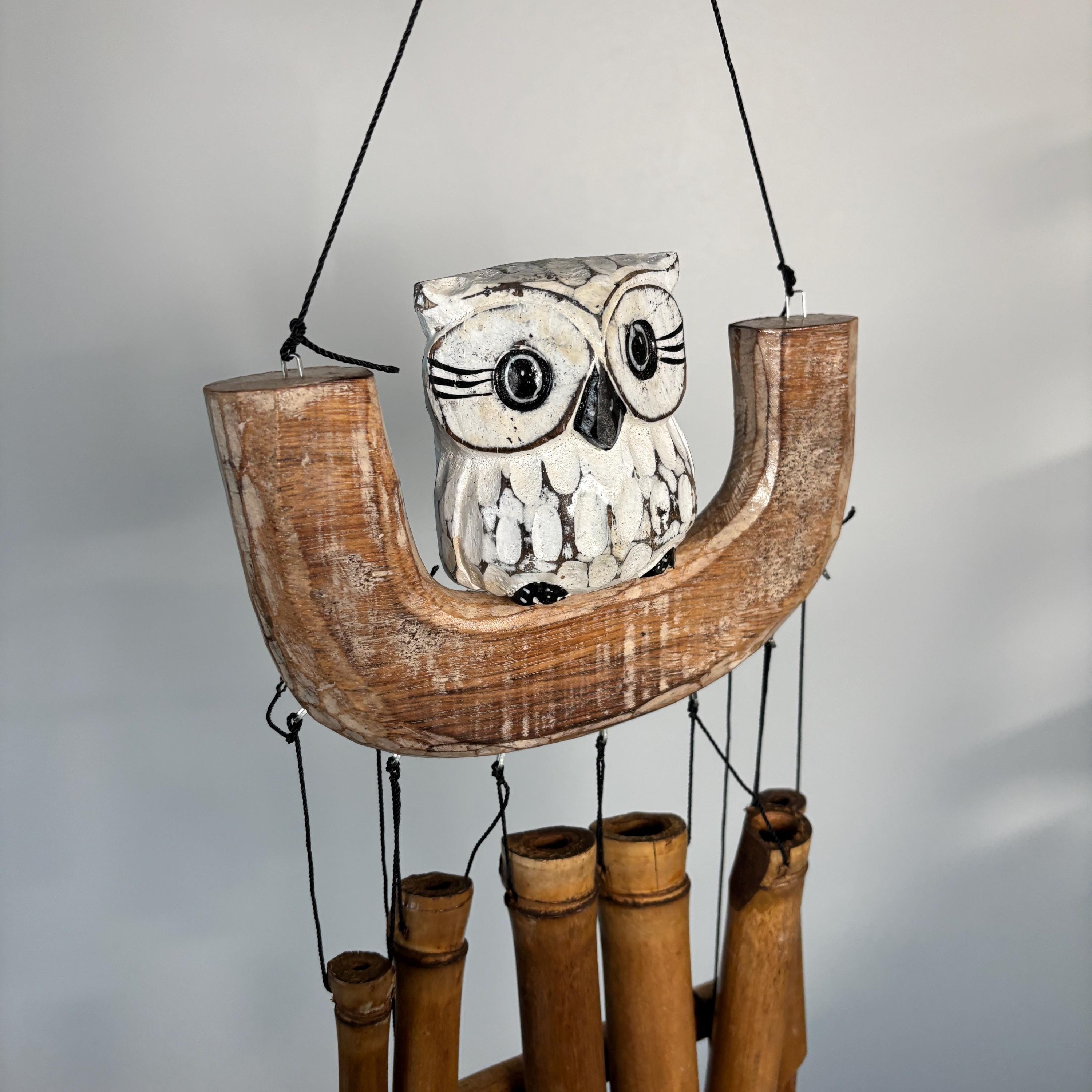 White Owl On A Swing Wind Chime | Wood And Bamboo | Hand Carved, Hand Painted | Eco-friendly