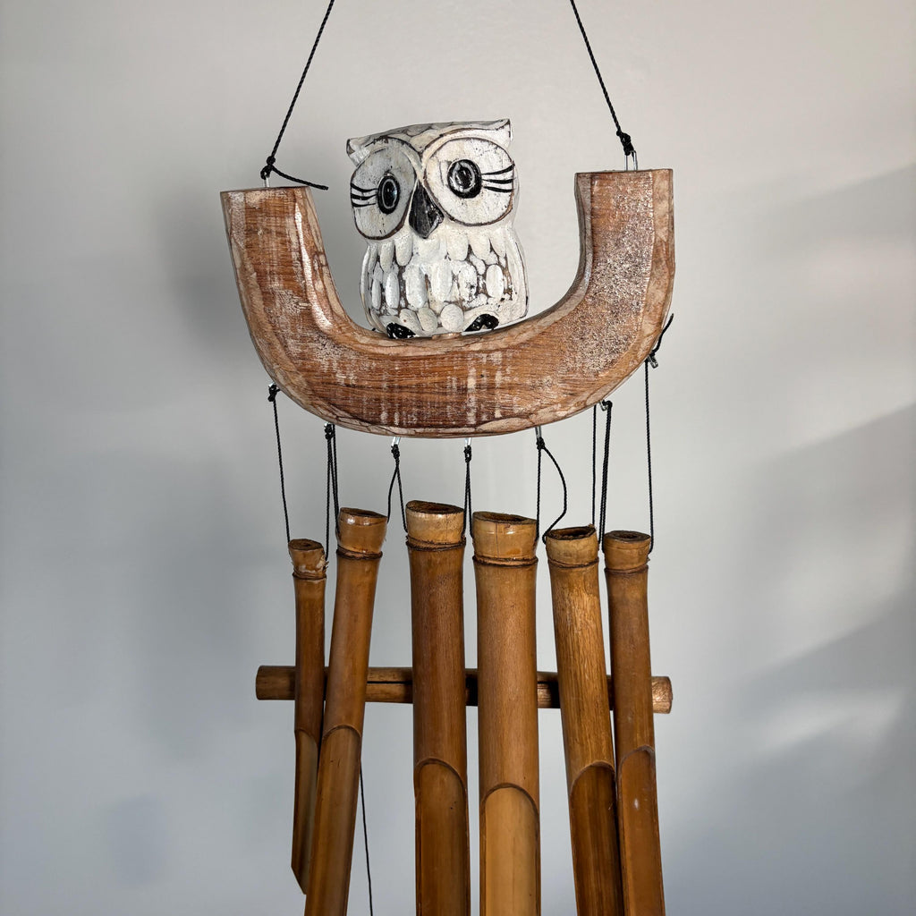 White Owl On A Swing Wind Chime | Wood And Bamboo | Hand Carved, Hand Painted | Eco-friendly