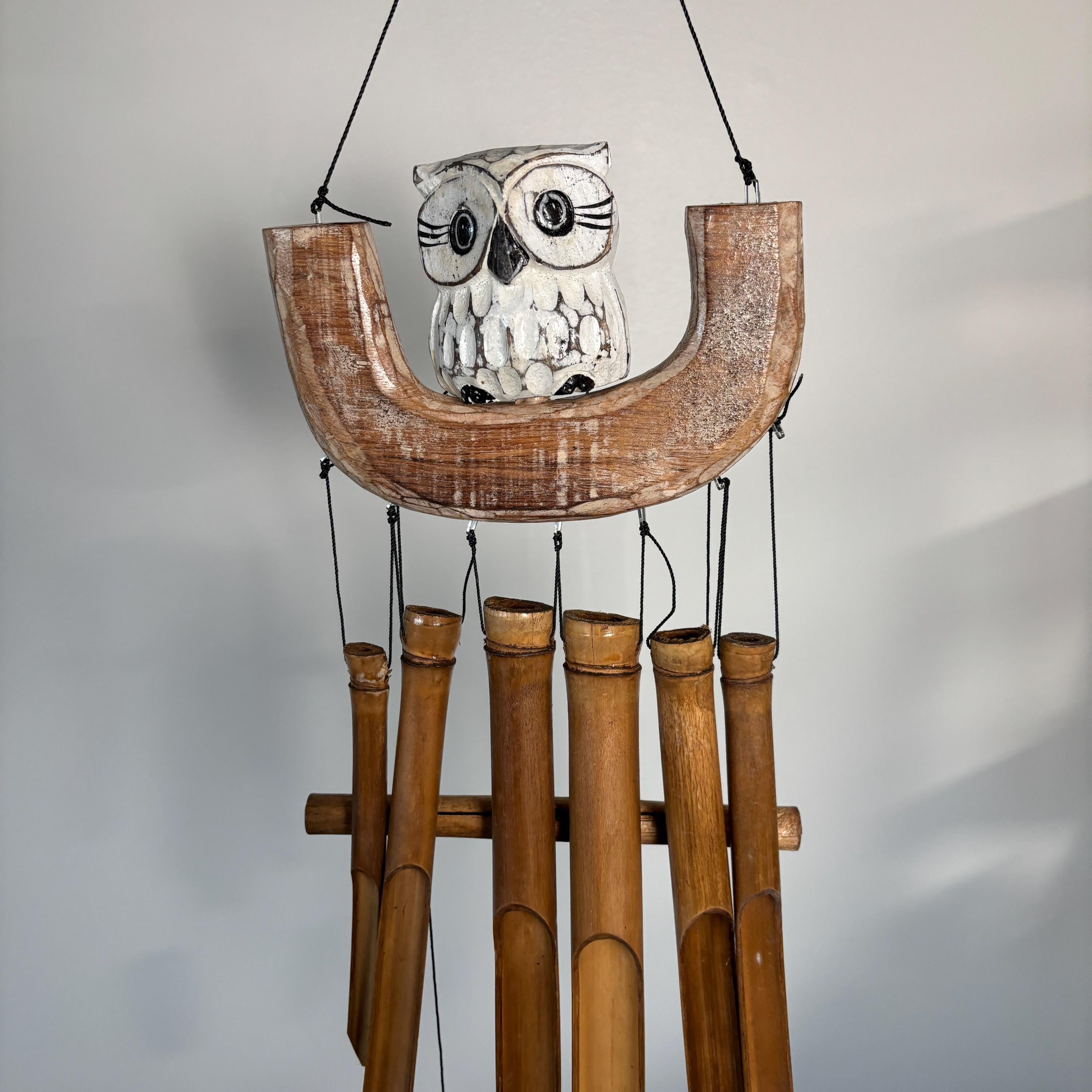 White Owl On A Swing Wind Chime | Wood And Bamboo | Hand Carved, Hand Painted | Eco-friendly