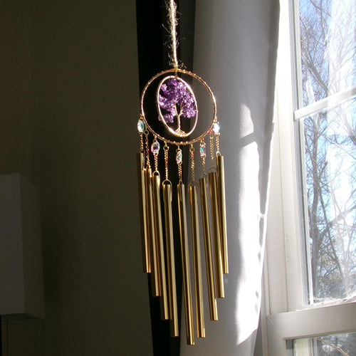 Amethyst Or Clear Quartz, Tree Of Life, Wind Chime Suncatcher – Chakra Decor, Soothing Sound, Indoor Outdoor, Genuine Crystals, Handmade
