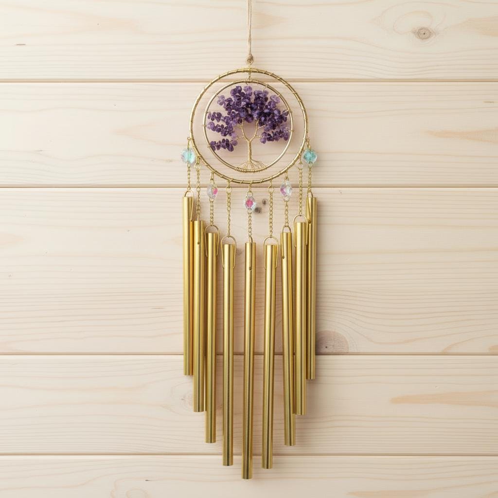 Amethyst Or Clear Quartz, Tree Of Life, Wind Chime Suncatcher – Chakra Decor, Soothing Sound, Indoor Outdoor, Genuine Crystals, Handmade