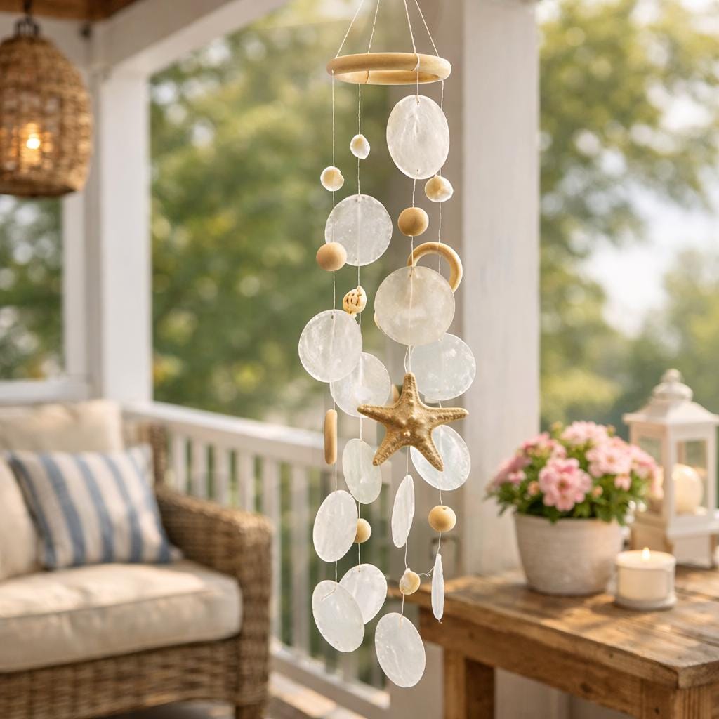 Capiz Shell Wind Chimes For Outdoor Patio & Garden – Coastal Beach Wind Chime Decor – Memorial Sympathy Gift – Porch Hanging Shell Chimes