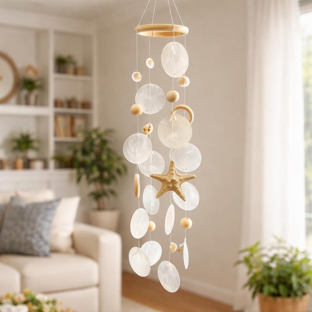 Capiz Shell Wind Chimes For Outdoor Patio & Garden – Coastal Beach Wind Chime Decor – Memorial Sympathy Gift – Porch Hanging Shell Chimes
