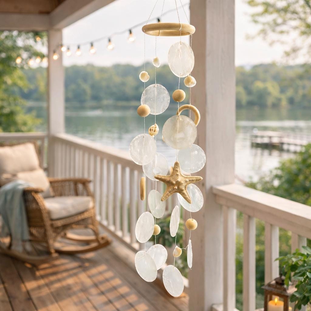 Capiz Shell Wind Chimes For Outdoor Patio & Garden – Coastal Beach Wind Chime Decor – Memorial Sympathy Gift – Porch Hanging Shell Chimes