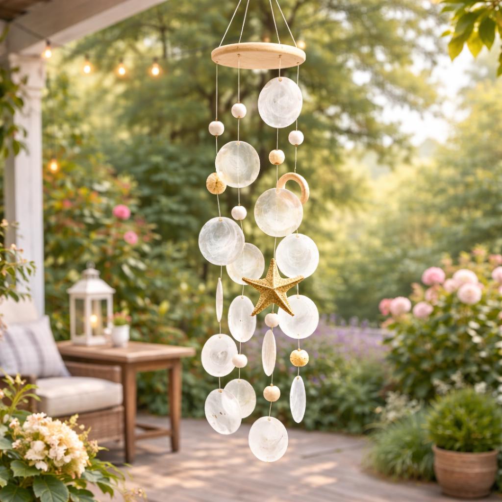 Capiz Shell Wind Chimes For Outdoor Patio & Garden – Coastal Beach Wind Chime Decor – Memorial Sympathy Gift – Porch Hanging Shell Chimes