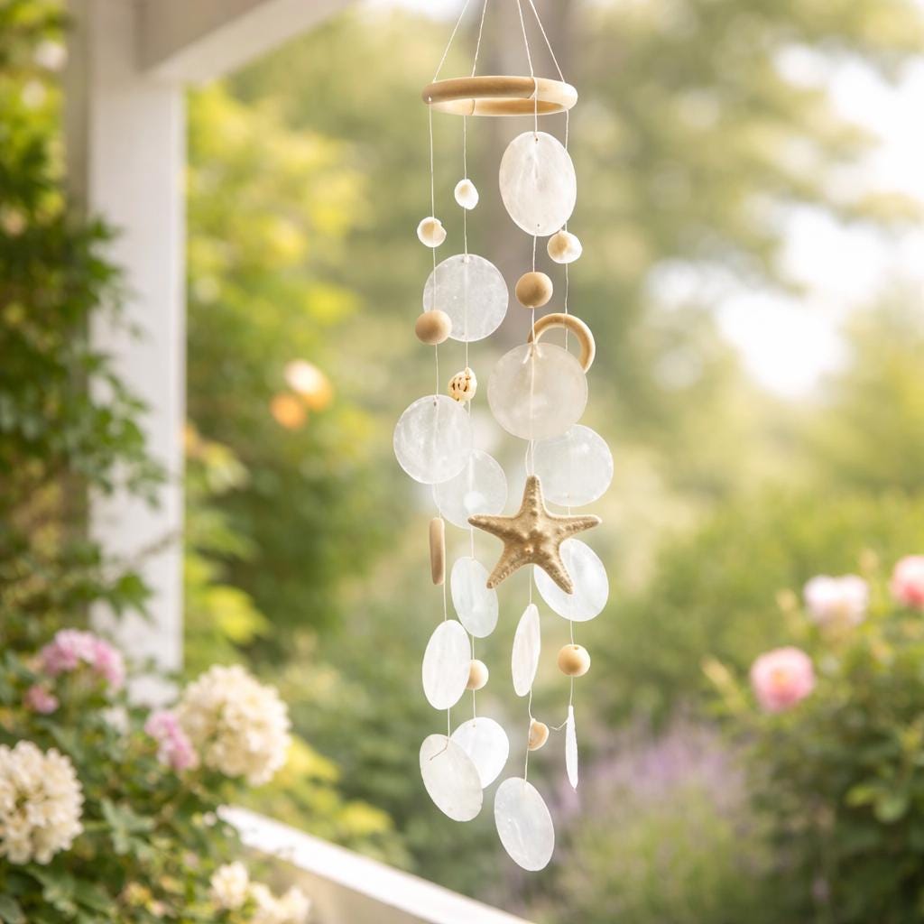 Capiz Shell Wind Chimes For Outdoor Patio & Garden – Coastal Beach Wind Chime Decor – Memorial Sympathy Gift – Porch Hanging Shell Chimes